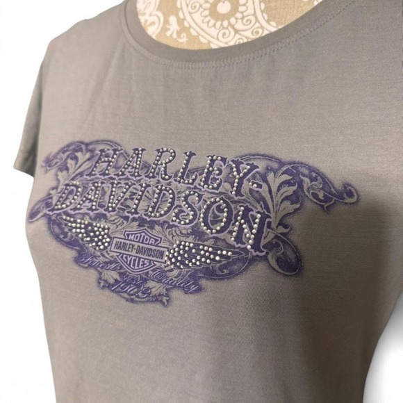 Harley Davidson Women's Gray Grand Turk Rhinestone Graphic T-Shirt Size L - Picture 3 of 7